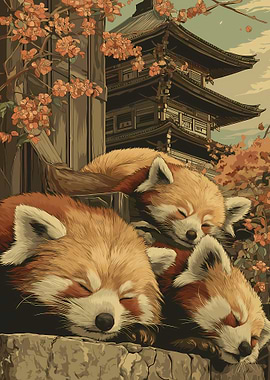 Three Red Pandas Sleeping in Pagoda Japan