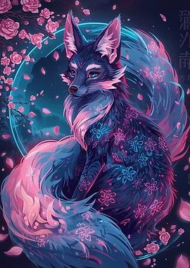 Pixel Art Fox with Cherry Blossoms
