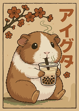 Guinea Pig Bubble Tea Poster, Cute Japanese Art Print, Whimsical Animal Wall Decor