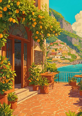 Italian Coastal Cafe with Lemon Trees