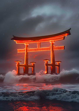 Glowing Torii Gate in Stormy Seas