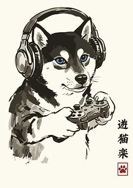 Shiba Inu Gamer Poster, Headphones Dog Wall Art, Playful Video Game Anime Print