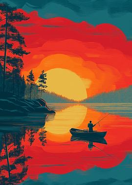 Fisherman at Sunset on a Lake
