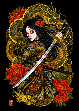 Samurai Woman with Dragon and Peonies