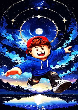 Boy in Space with Moon and Stars