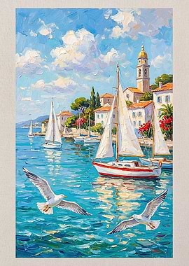 Seagulls and Sailboats in a Mediterranean Harbor