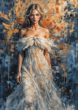 Woman in a flowing dress against abstract background