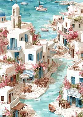 Watercolor painting of a Greek island village