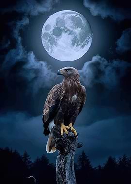 Eagle perched under a full moon