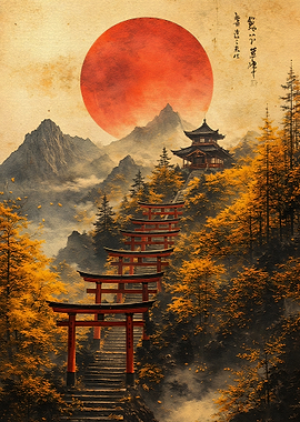 Japanese Torii Gates and Temple