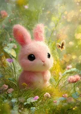 Cute Pink Bunny in a Floral Meadow
