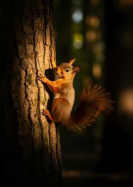 Squirrel climbing a tree trunk