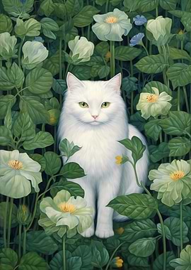 White Cat Among Flowers