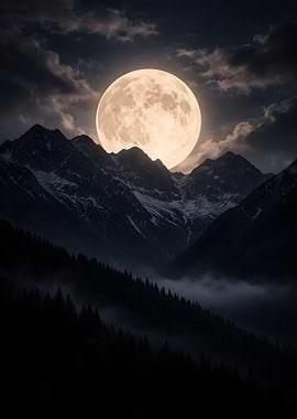 Full Moon Over Snowy Mountains