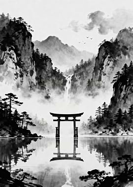 Misty Japanese Torii Gate Landscape