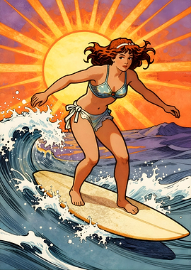 Surfer Girl Riding a Wave