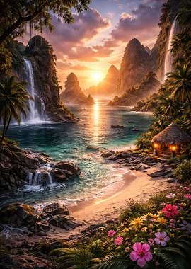 Tropical Paradise Sunset with Waterfalls