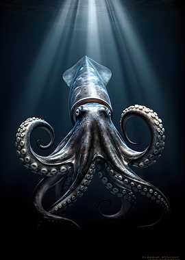 Giant Squid in Deep Ocean