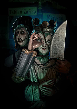 Creepy Dolls with Knife and Sign