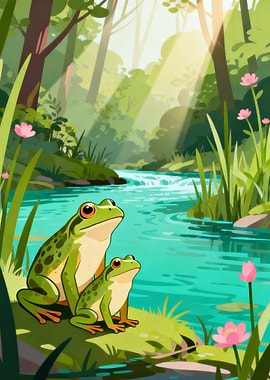 Two Frogs by a Stream