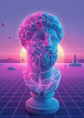 Retro Vaporwave Statue in Neon Grid Landscape