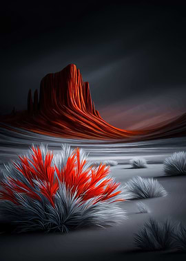 Desert Landscape with Red and White Bush