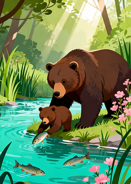 Bears fishing in a forest stream