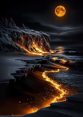 Fiery Lava Beach Under a Full Moon