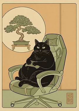 Black Cat Gamer — Japanese Ukiyo-e Style | Cat Gaming Poster | Gamer Room Decor