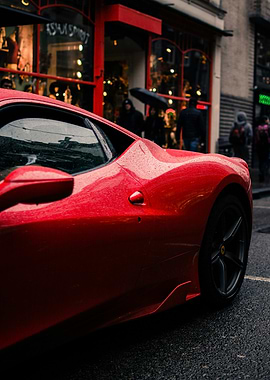 Red Ferrari on a Rainy Street