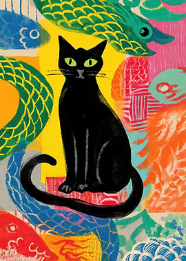 Black Cat Surrounded by Colorful Fish
