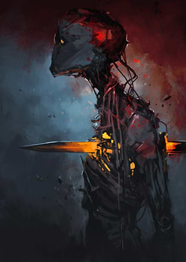 Damaged Robot with Fiery Sword