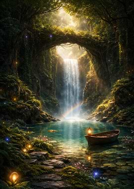 Forest Waterfall and Boat