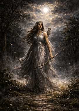 Artemis in the Moonlit Forest Clearing