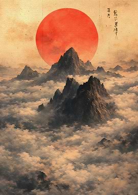 Misty Mountains Under a Red Sun