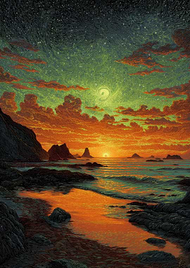 Sunset over rocky coastline