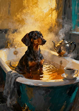 Dachshund in a Bathtub with Tea