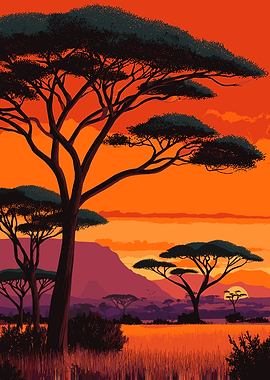 African Sunset Landscape with Acacia Trees