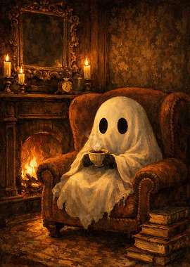 Ghost Enjoying Coffee by Fireplace