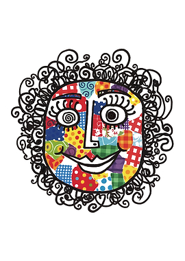 Quirky Patchwork Face with Curly Hair