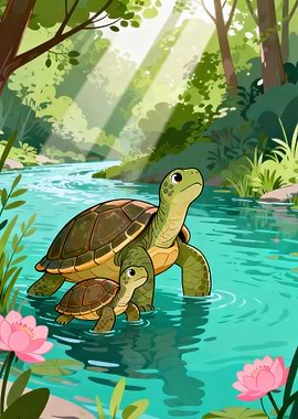 Turtles in a Sunlit River