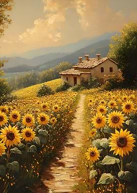 Sunflower field with a house