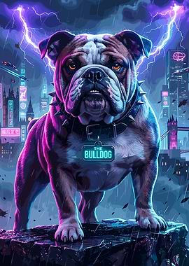 Cyberpunk Bulldog in a Stormy City