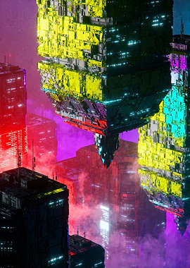 Cyberpunk Metropolis Hovering Neon Blocks