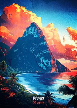 Pitons St Lucia Sunset Poster