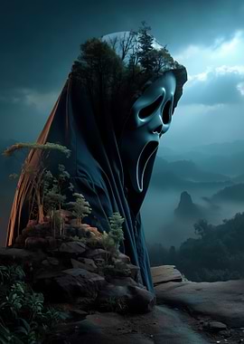 Ghostface Mask with Forest Landscape