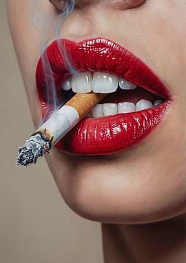 Glamorous Red Lips Smoking a Cigarette