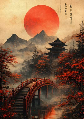 Japanese Temple Landscape with Red Sun