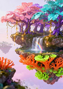 Ethereal Floating Forest Rainbow Oasis