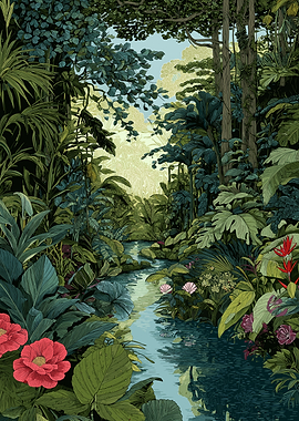 Lush Jungle River with Flowers